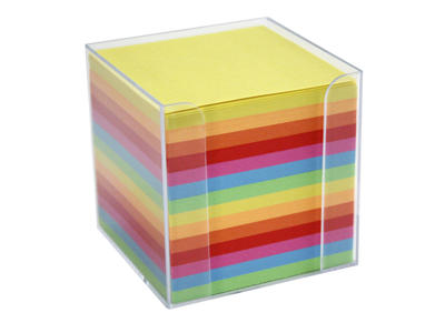 Kubusdispenser med 700 ark kulørt papir 9x9x9 cm