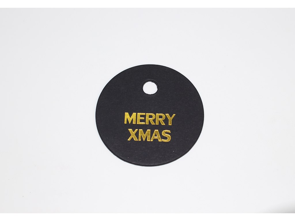 Hangtab round Merry Xmas 5cm black/gold print 100 pcs