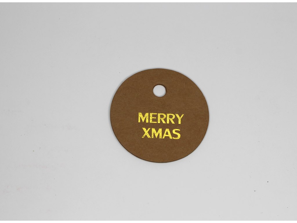 Hangtab round Merry Xmas 5cm brown/gold  print 100 pcs