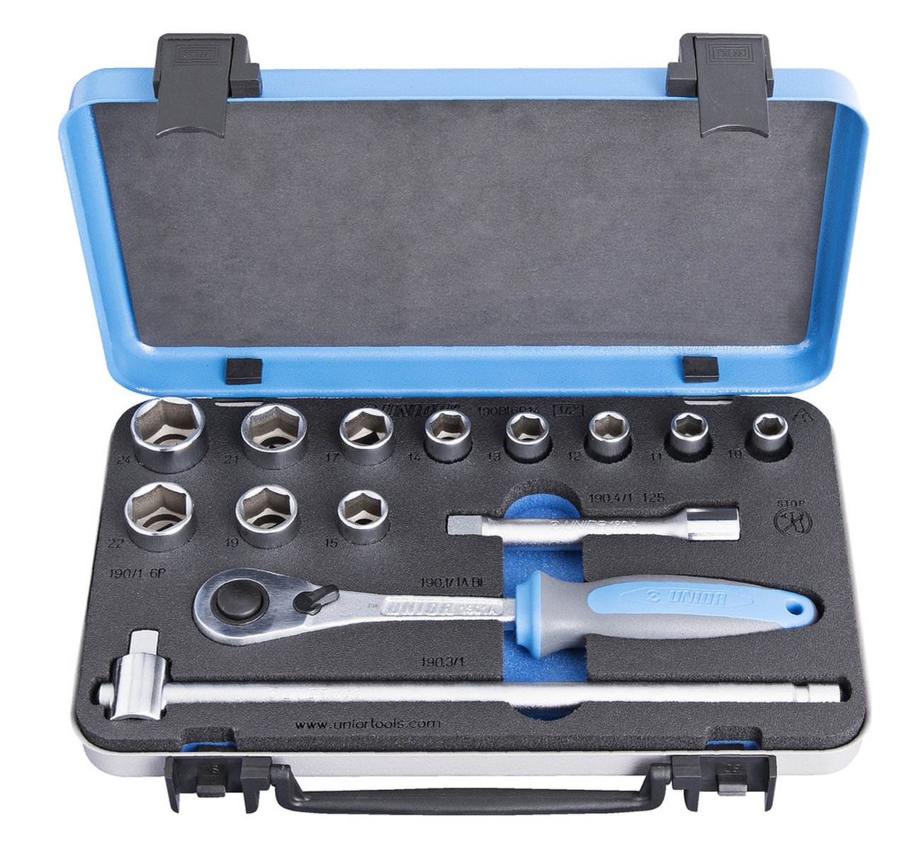 UNIOR Socket set 1/2″ in metal box