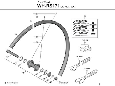 Shimano eger 290mm lang til forhjul model WH-RS171-CL-F12-700C
