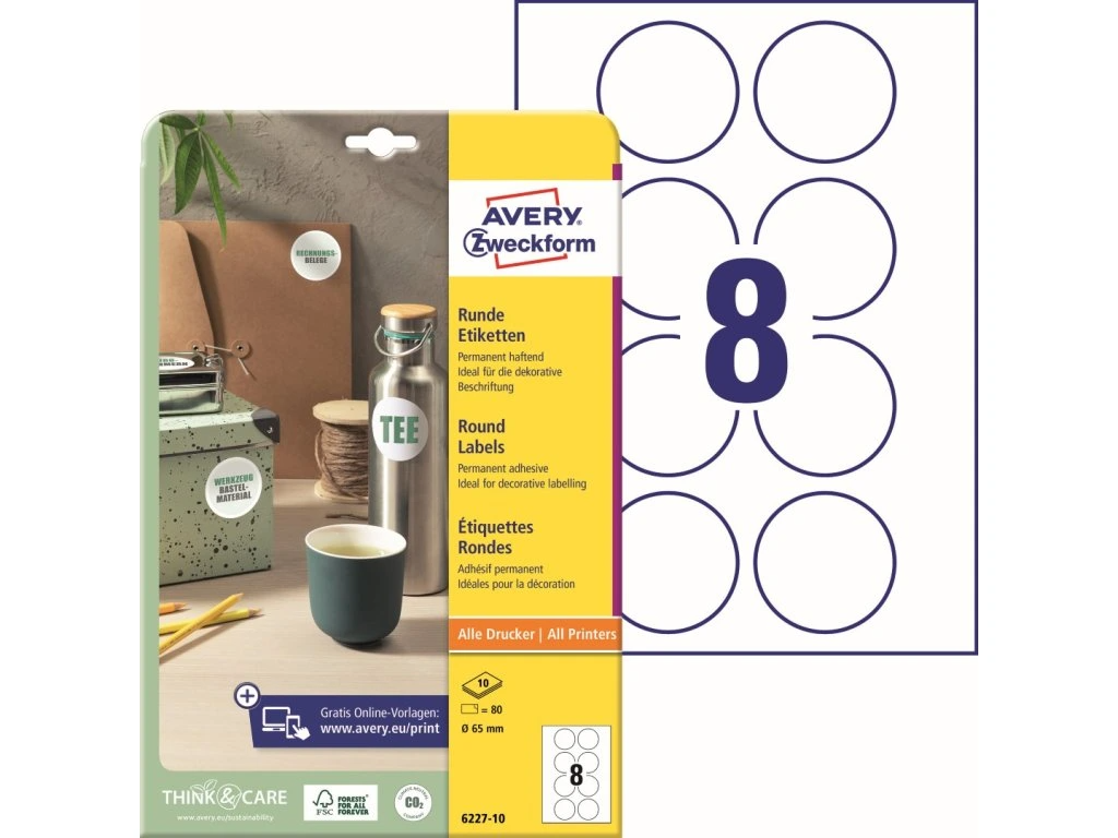 Etiket Ø65mm Avery 6227, 8 stk/ark 10 ark