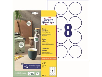 Etiket &#216;65mm Avery 6227, 8 stk/ark 10 ark