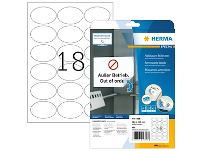 Etiket oval 63,5 x 42,3 mm, Herma aftagelig 18 stk/ark 25 ark