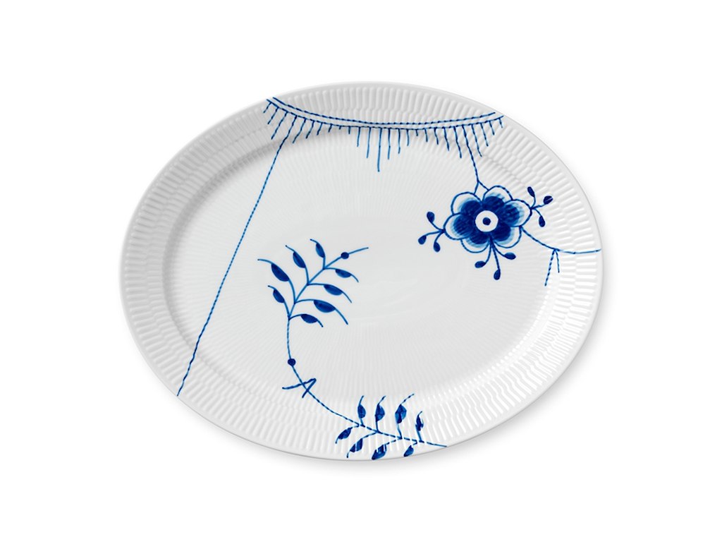 Royal Copenhagen Blå Mega Riflet, oval fad/tallerken 34 cm