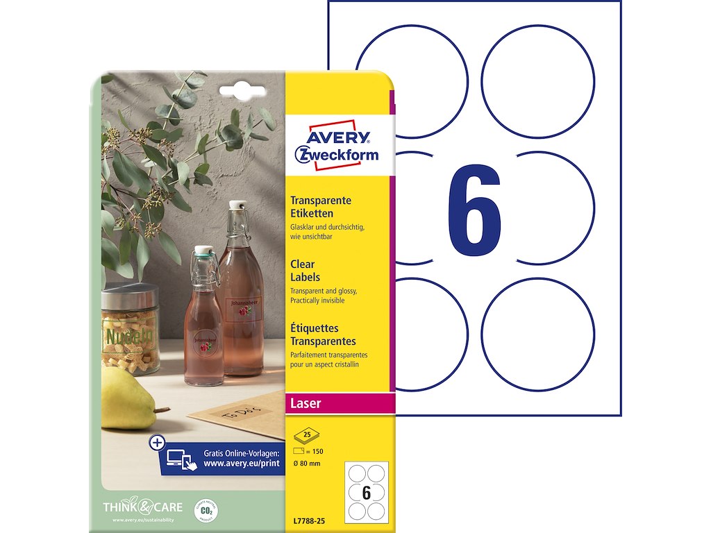 Avery etiketter Transparent L7788-25 - Ø80mm