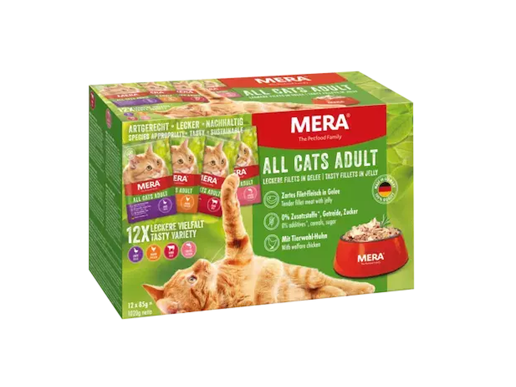 MERA Cats Adult Mixtray 12 x 85 g (Kylling, Laks, Oksekød & And)